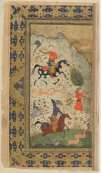 Folio Shahnamasta (Kuninkaiden kirja), kirjoittanut Firdawsi; A Royal Hunt, Iran, n. 1590-1600 (läpinäkymätön akvarelli, muste ja kulta paperilla)