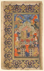 Folio Firdawsin Shahnamasta (kuninkaiden kirja); suora: Bilqis Enthroned; verso: esipuheen teksti, Shiraz, Fars, Iran, Safavid-kausi, n. 1590-1600 (läpinäkymätön akvarelli, muste ja kulta paperilla)