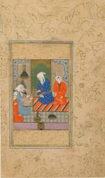 Folio Yusuf U Zulaykha Jami (d. 1492); Zulaykha ja vanhempi mies kuuntele keskustelua, mahdollisesti Mashhad, Iran, C.1560-70 (läpinäkymätön akvarelli, muste ja kulta paperilla)