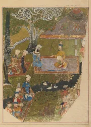 Folio Zafarnamasta; toisinto: Timur jakaa yleisön nouseessaan valtaistuimelle Balkhissa, Shirazissa, Iranissa, Timurid-kaudella (läpinäkymätön akvarelli, muste ja kulta paperilla)