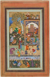 Folio albumista; Koulukohtaus, Tabriz, Iran, Safavid-kausi, n. 1540 (läpinäkymätön akvarelli, mustetta ja kultaa paperilla)
