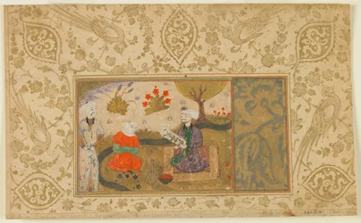 Folio tunnistamattomasta tekstistä; Nainen keskustelee istuvan miehen kanssa virran varrella, Iran, n. 1500 (läpinäkymätön akvarelli, mustetta ja kultaa paperilla)