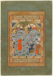 Folio tuntemattomasta tekstistä; Bahram Gur johtaa tyrannimaisen visiirin teloitusta, Qazwin, Iran, noin 1580 (peittävä akvarelli, tussi ja kulta paperilla).