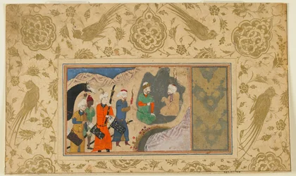 Folio tunnistamattomasta tekstistä; Iskandar (?) Vierailee erakossa, Iran, n. 1500 (läpinäkymätön akvarelli, muste ja kulta paperilla)