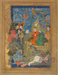 Folio tunnistamattomasta tekstistä; Sulayman ja Bilqis Enthroned, Isfahan, Iran, Safavid-kausi, n. 1590-1600 (läpinäkymätön akvarelli, muste ja kulta paperilla)