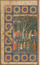 Folio tunnistamattomasta tekstistä; recto: Party in a Garden, Shiraz, Iran, n. 1570 (läpinäkymätön akvarelli, muste ja kulta paperilla)