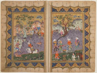 Folio tunnistamattomasta tekstistä; verso: Prinssi istuu kalliolla palvelijoiden ympäröimänä, Isfahan, Iran, n. 1600 (läpinäkymätön akvarelli, muste ja kulta paperilla)