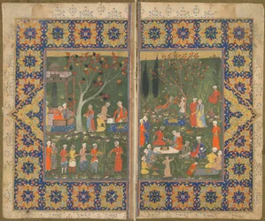 Folio tunnistamattomasta tekstistä; verso: Juhlat puutarhassa, Shiraz, Iran, n. 1570 (läpinäkymätön akvarelli, mustetta ja kultaa paperilla)