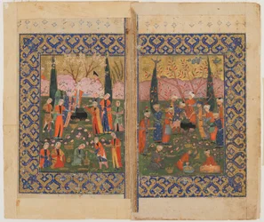 Folio tunnistamattomasta tekstistä; versio: Sulayman Enthroned, Shiraz, Iran, n. 1560-1570