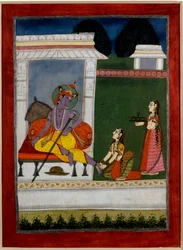 Hindulaisuus: "" Krishna lepää"" Seuraava takoo hänen jalkojaan. Persialainen miniatyyri 1600-luvun Intian koulusta. Rennes, Kuvataidemuseo