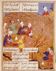 Islamilainen taide: "" Kuninkaan välipala maalle"" Pienoiskuva, joka havainnollistaa persialaisen runoilijan Hafezin (Hafiz Shirazi) runoja, persialainen käsikirjoitus. 1554 San Lorenzo de El Escorial, El Escorialin luostarin kuninkaallinen kirjasto, Madri