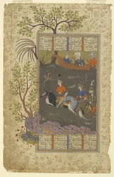 Kay Khusraw, Farangis ja Giv ylittävät Jayhunin Shahnamasta (kuninkaiden kirja), n. 1590-1600 (muste, peitevärit ja kulta paperilla).