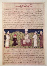 Kuningas hovimiesten ympäröimänä, kuva Hafiz-i-Abrun "Universal History" ("Majma al-Tawarikh") sivulta (guassi ja muste paperille)