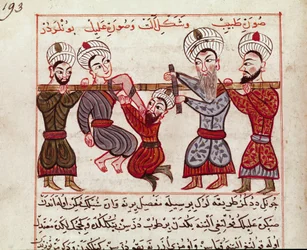 Lääketiede: ortopedinen interventio. Pienoiskuva, jonka Charaf-ed-din (Charaf ed Din) (1404-1468) otti turkkilaisen lääketieteen lypsämisestä "" La Surgery Imperialen" jälkeen" (Ms Sup Turk 693 fol. 193) 1466 Paris, B.N.