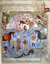 Siyarvushin ja Afrasiyabin tapaaminen Firdosi Shahnamista, 1565-1566 (guassi, lehtikulta paperilla)