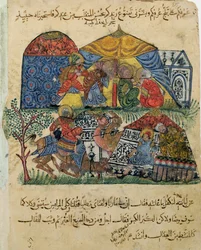 Ms C-23 f.43b, Vanha mies ja nuori mies rikkaiden pyhiinvaeltajien telttojen edessä, Al-Haririn (1054-1121) 