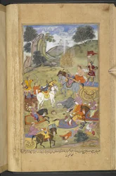 Or.12076 f.23v Agni-jumala, joka loi tulen auttaakseen anoppiaan Raja Niladhvajaa Malwasta, kun taas Arjuna sammuttaa liekit maagisilla nuolilla, jotka tuottivat vesilähteitä (Ahmad Kashmiri) "Razmnāmahista" (