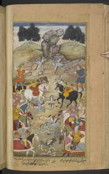 Or.12076 f.71v Taistelu Babruvahanan, Arjunan pojan, ja käärmeiden välillä alemmilla alueilla. (Sangha) kirjasta "Razmnāmah" (