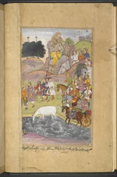Or.12076 f.7v Bhiman löytämä hevonen Syamakarna, joka istuu vuorella Bhadravatin kaupungin yläpuolella katsomassa Raja Yauvanasvan armeijan sotilaita. (Narayan Khurd) kirjasta "Razmnāmah" (