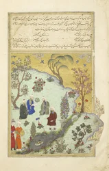 Persialainen 239 fol.7a Firdausi kohtaa Ghaznin hovirunoilijat, kuvitus Shahnamasta (Kuninkaiden kirja), kirjoittanut Abul-Qasim Mansur Firdawsi (n.934-n.1020), 1444