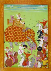Edustus Murad (Mourad) Bakshista (1624-1661), Mughal-keisari Shah Jehanin (tai Shah Jehan, Shahjehan) pojasta taistelemassa norsun selässä. Persialainen miniatyyri 1600-luvun Pariisista, B.N.
