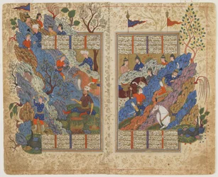 Rustam potkaisee takaisin kiven, jonka Bahman vieritti hänelle Shahnamasta (Kuninkaiden kirja), n. 1590-1600 (muste, läpinäkymätön akvarelli ja kulta paperilla)