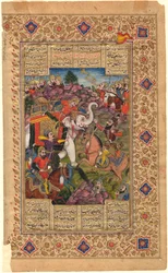 Shahnama: Rustam vangitsee Kiinan keisarin, 1600-1625 (tempera)