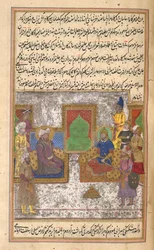 Timur & Sultan Bayazid I (Yilderam) Ankaran taistelun jälkeen (1402) kuva Malfuzat-I Timurista (mustetta ja kultaa paperilla)