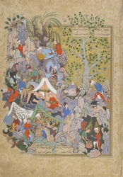 Yusuf pelastetaan kaivosta, lehti Jamin (k. 1492) Haft awrangista (Seitsemän valtaistuinta), luultavasti Mašhad, Khorasan, Iran, safavidien dynastia, 1556-1565