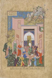 Yusuf saarnaa Zulaykhasin tytöille puutarhassaan, Jamin (k.1492) Haft awrangin (Seitsemän valtaistuinta) folio, luultavasti Mashad, Khurasan, Iran, Safavid-dynastia, 1556-1565 (muste, läpinäkymätön akvarelli ja go)