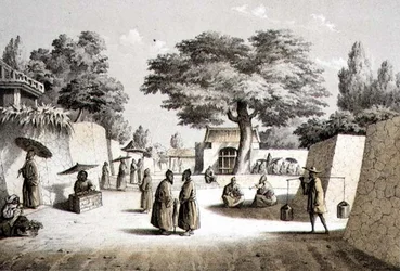 Street in Napha, Lew Chew, kaiverrus T. Sinclair (sävytetty litho)