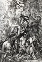 Keisari Kaarle (n. 742-814) sodassa sakseja vastaan, 772 (Keisari Kaarle Suuri (Charlemagne) saksien sotien aikana, 772) Höyhenpiirros Antonin "Historische Memorabilian des In-und Auslandesista" (Historiallisia matkamuistoja)