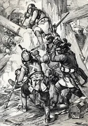 Ruotsin kuningas Kaarle (tai Kaarle) XII (1682-1718) puolustamassa turkkilaisia Benderissä (Bendery) helmikuussa 1713, Moldaie (pakotettu kuningas Kaarle (Carl) XII Ruotsin väkijoukkoja ja ottomaanien Janissareja vastaan, Bender, helmikuu 1713) ) Piirrä ky