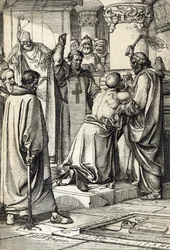 Englannin kuningas Henrik II (1133-1189), joka on osallisena Thomas Becketin murhaan, tekee katumusharjoituksen arkkipiispan haudalla