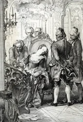 Tanskan kuningatar Caroline Mathilde (Caroline-Mathilde) (1751-1775) pakotetaan allekirjoittamaan avioeroasiakirjat vuonna 1772 tapahtuneen avioliiton ulkopuolisen suhteensa jälkeen (Tanskan kuningatar Caroline Mathilde allekirjoittaa avioeropaperit