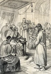 Panostusten kiusaus, Canossan katumus: Canossassa Pyhän Rooman valtakunnan keisari Henrik IV (1050-1106) katuvassa puvussa rukoilee paavi Gregoire VII:n (Hildebrand: 1015/20-1085) anteeksiantoa tehden kunniallisia korjauksia 107 tammikuussa. ” (wal