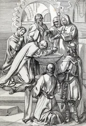 Pyhän Augustinuksen Canterburylaisen (kuoli 604) edustus, jonka paavi Gregoire Suuri lähetti Englantiin vuonna 596 käännyttämään anglosakseja – Hän on täällä ennen Ethelbertiä, Kentin anglosaksista kuningasta (552–616), jonka hän kastoi 597 (Augustine, ens