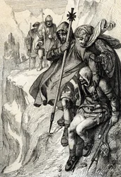 Roomalaisten kuningas Henrik IV ohittaa Cenis-vuoren solan ylittääkseen Alpit ja mennäkseen Toscanan kreivitär Mathilden luo Canossaan, missä paavi Gregoire VII, tammikuu 1077” (Henry IV ylitti Alpit Mont Cenis -solaa pitkin päästäkseen linnaan Canossa ja