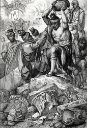 Rooman (Italia) pussi vuonna 410, otettiin kaupungista ja ryöstettiin Visigootit, joita johti Alaric (370-410) (Alarik I:n johtamien visigoottien ryöstö Rooman vuonna 410, keisari Honoriuksen aikana) Piirustus kynä, joka on piirretty kirjasta "Historische 
