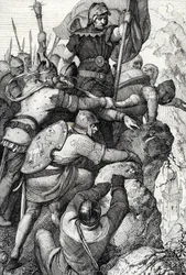 Bavieren Othon I:n (1117-1183) joukot Veronan lähellä Italiassa 1155 (Otto I, Baijerin herttua ja hänen armeijansa Veronan lähellä, Italia 1155) Höyhenpiirros kirjasta "Historische Memorabilian des In-und Auslandes" (Historialliset matkamuistot) Kirjailija