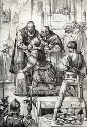 Yhdeksänkymmenen vuoden sota (tai Alankomaiden kapina) (1568-1648): Lamoralin, Egmontin kreivin, Gavren prinssin (1522-1568), hollantilaisen poliitikon dekolaatio - Hänet tuomittiin vaikeuksien neuvoston puitteissa ( tai Verineuvosto), jonka on perustanut