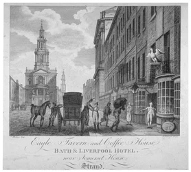 Eagle Tavernin ja Coffee Housen ulkopuolella, Bath & Liverpool Hotel, Lontoo, c1800