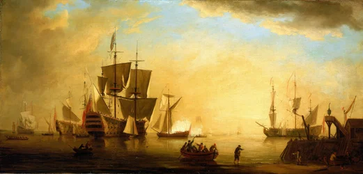 Brittiläinen rakennus ja muita ankkuroituja aluksia hämärässä. Peter Monamyn (1681-1749) öljy kankaalle 1700-luvun alussa.