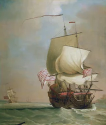 Brittiläisen Itä-Intian komppanian kauppa-alus. Peter Monamyn (1681-1749) öljy kankaalle, noin 1720.