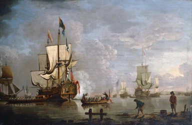 The Morning Gun: HMS Peregrine Rochesterin edustalla (öljy kankaalle)
