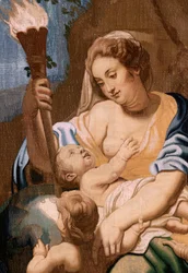 Flanderin kuvakudos. Sarja Eukaristian voitto. Allegoria hyväntekeväisyydestä valaisemassa maailmaa (Alegoría de la Caridad iluminando al mundoà. Sarjan kahdeskymmenes kuvakudos. Malli Peter Paul Rubens. 1626-1628. Valmistus Jan II Raes, Bryssel