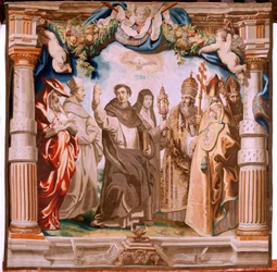 Flanderin kuvakudos. Sarja Eukaristian voitto. Eukaristian puolustajat (os defensores de la Eucaristía). Kymmenes kuvakudos sarjassa. Malli Peter Paul Rubens. 1626-1628. Valmistus Jan II Raes, Hans Vervoert, Jacques Fobert, Bryssel