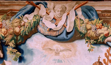 Flanderin kuvakudos. Sarja Eukaristian voitto. Eukaristian puolustajat (os defensores de la Eucaristía). Sarjan kymmenes kuvakudos. Malli Peter Paul Rubens. 1626-1628. Valmistus Jan II Raes, Hans Vervoert, Jacques Fobert, Bryssel