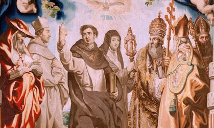Flanderin kuvakudos. Sarja Eukaristian voitto. Eukaristian puolustajat (os defensores de la Eucaristía). Kymmenes kuvakudos sarjassa. Malli Peter Paul Rubens. 1626-1628. Valmistus Jan II Raes, Hans Vervoert, Jacques Fobert, Bryssel
