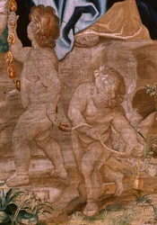 Flanderin kuvakudos. Sarja Eukaristian voitto. Paavien peräkkäisyys (La sucesión de los papas). Sarjan kahdeksastoista kuvakudos. Malli Peter Paul Rubens. 1626-1628. Valmistus Jan II Raes, Hans Vervoert, Bryssel